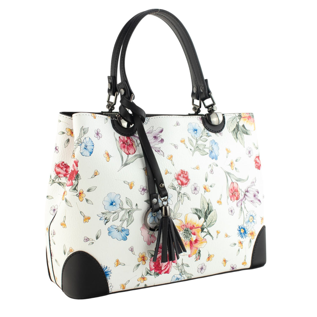 Bolso en piel Pregato Eleganza Negro Flores azules
