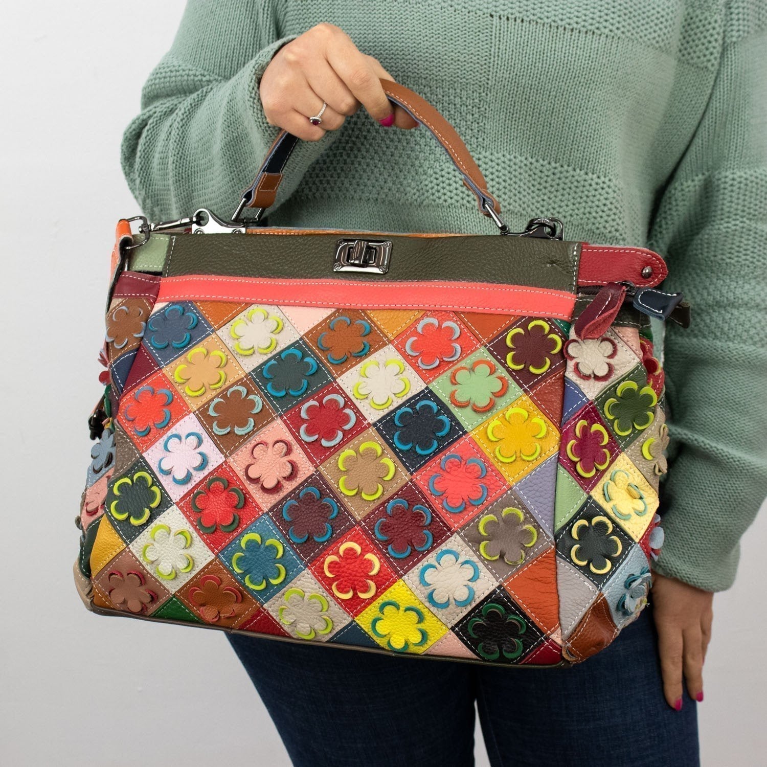 Bolso de mano con broche en Piel Pregato Mosaic Floral - KimondoShop