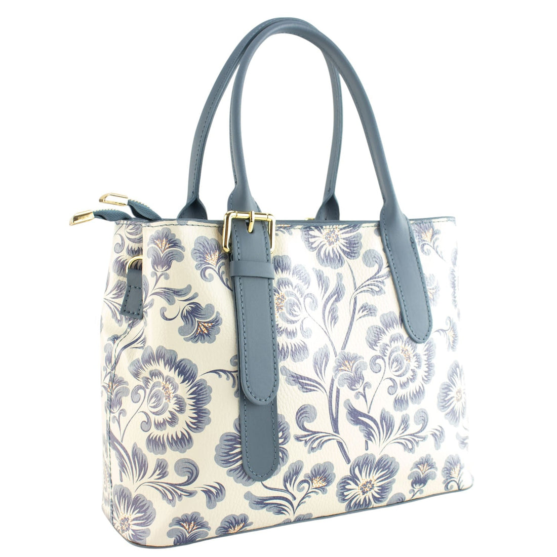 Bolso de mano Piel Pregato Serena Flores Azules Azulejo - KimondoShop