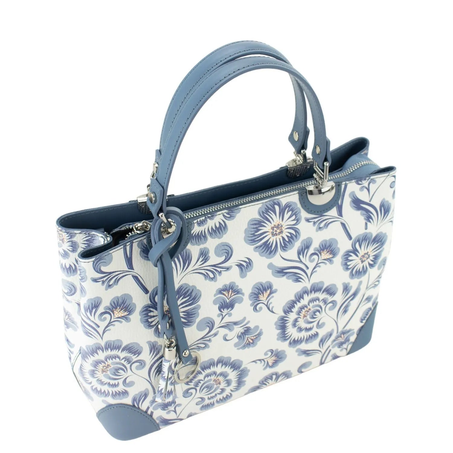 Bolso en piel Pregato Eleganza Flores azules Azulejo - KimondoShop