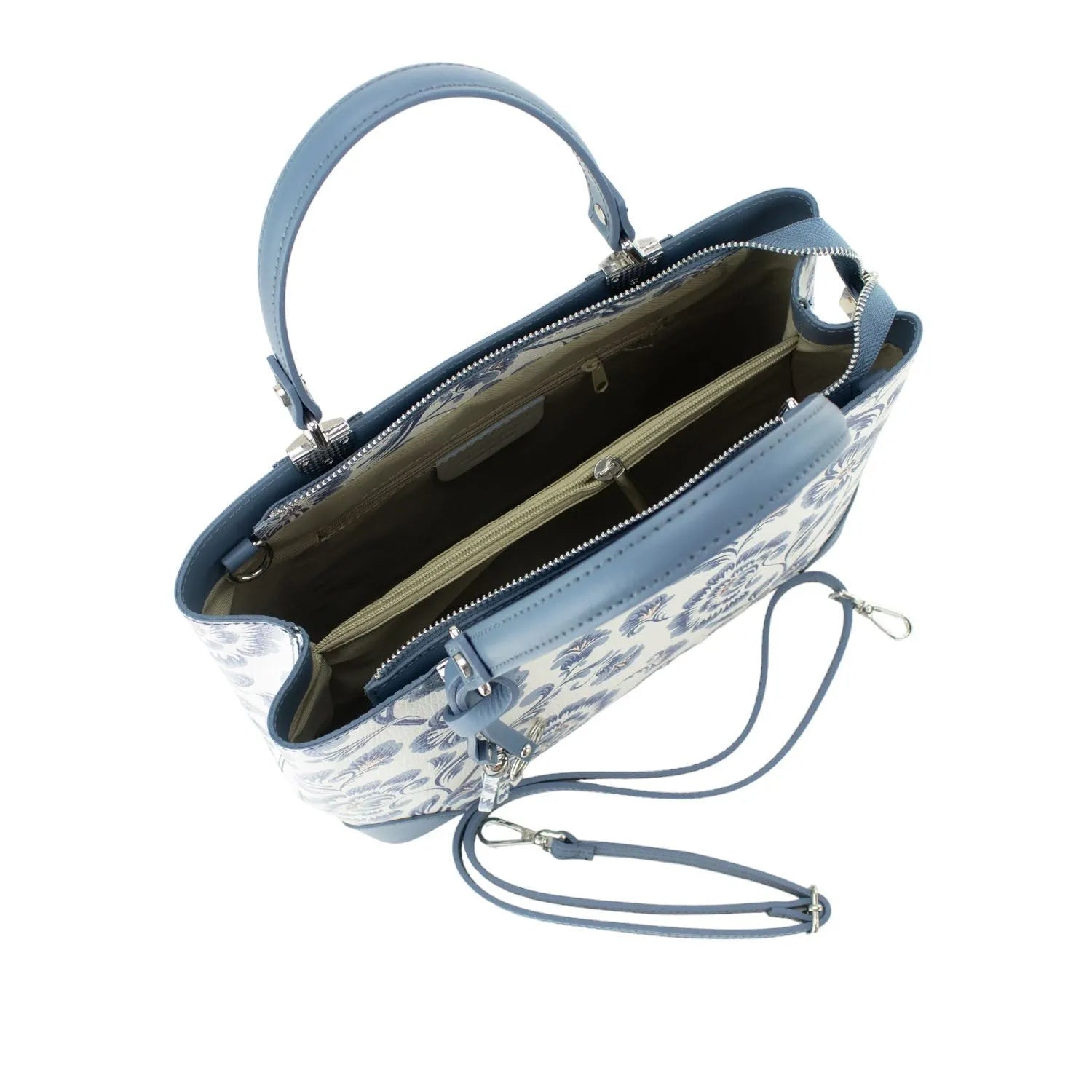 Bolso en piel Pregato Eleganza Flores azules Azulejo - KimondoShop