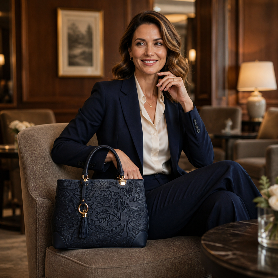Bolso en piel Pregato Eleganza Grabado Azul marino - KimondoShop