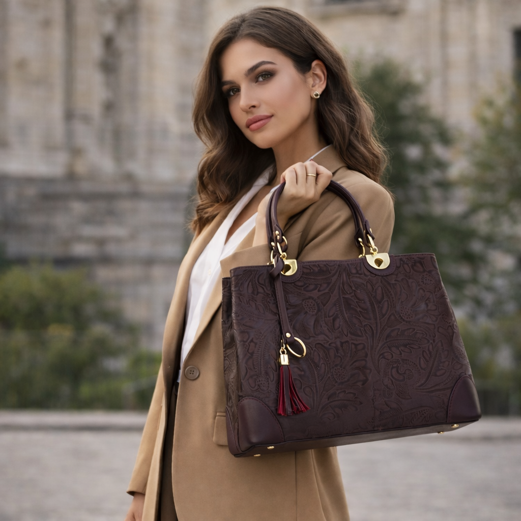 Bolso en piel Pregato Eleganza Grabado Burdeos