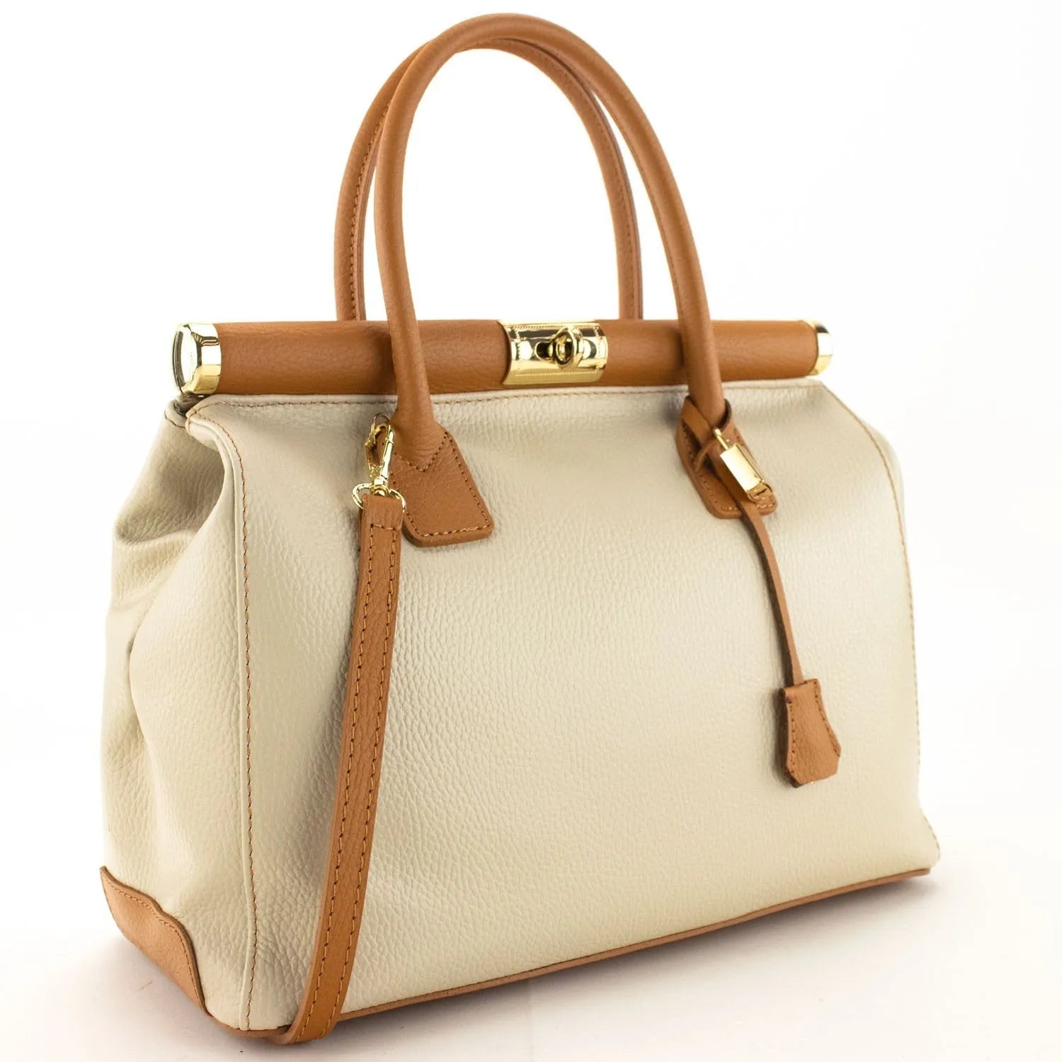 Bolso de mano en Piel Pregato Classic Bicolor Beige - KimondoShop