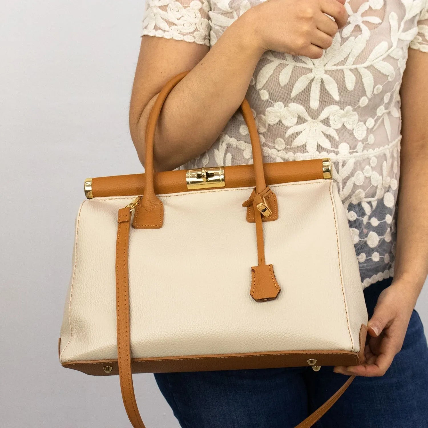 Bolso de mano en Piel Pregato Classic Bicolor Beige - KimondoShop