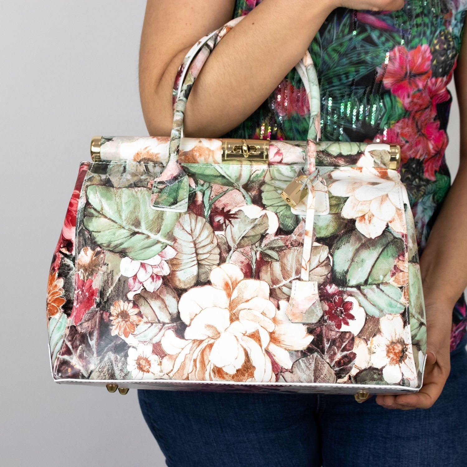 Bolso de mano en Piel Pregato Classic Flores Beige - KimondoShop