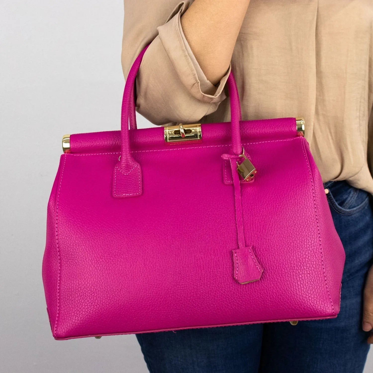 Bolso de mano en Piel Pregato Classic Fucsia - KimondoShop