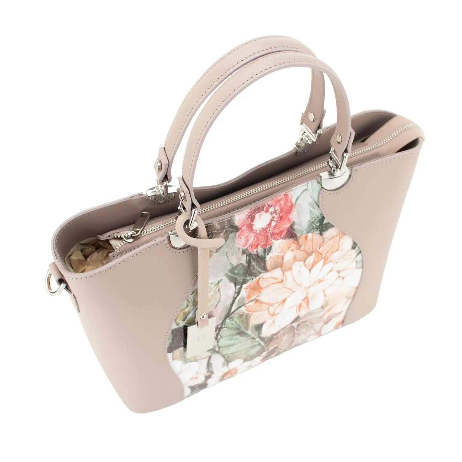 Bolso en piel Pregato Eleganza Li Flores Taupe - KimondoShop