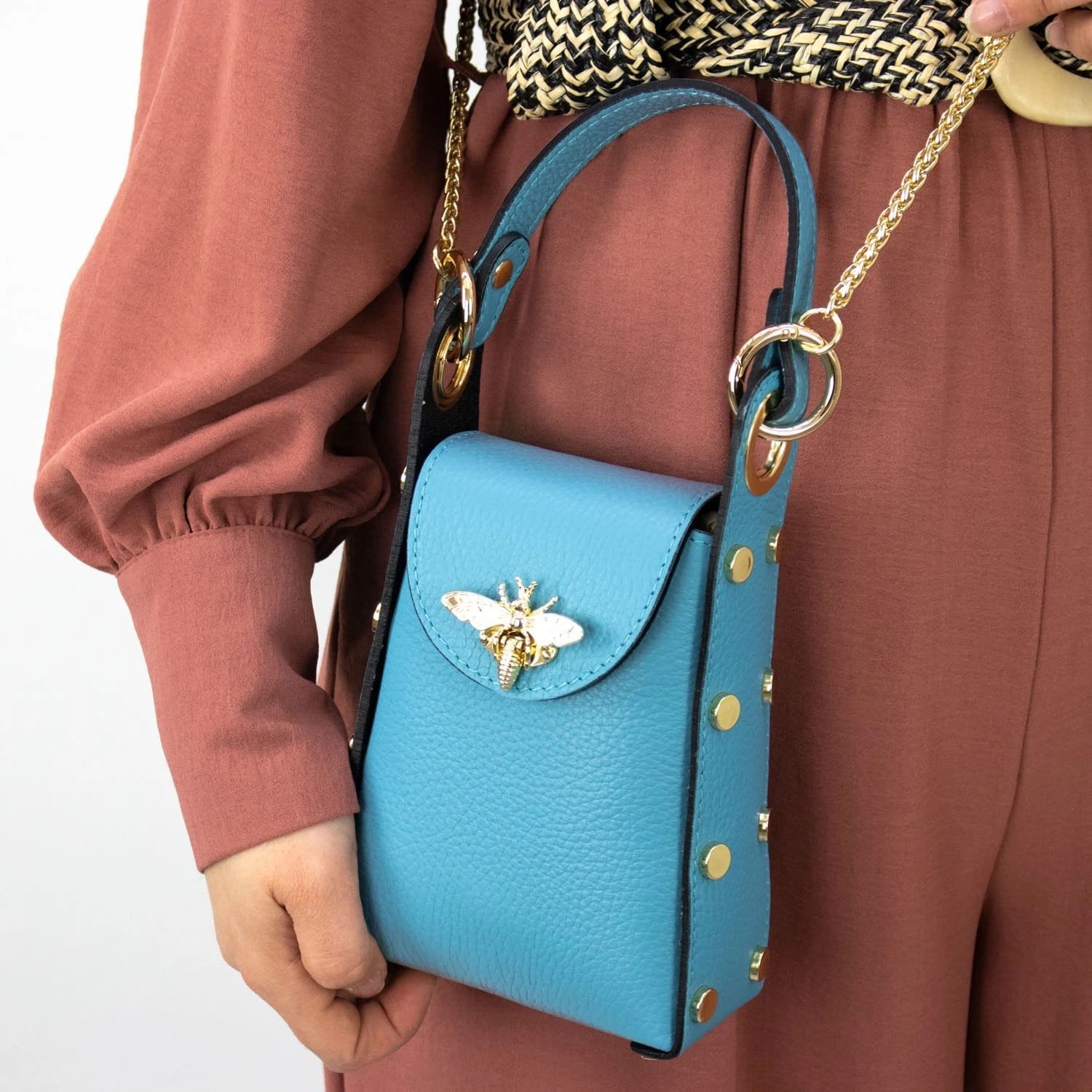 Bolso mini en Piel Pregato Golden Bee Turquesa - KimondoShop