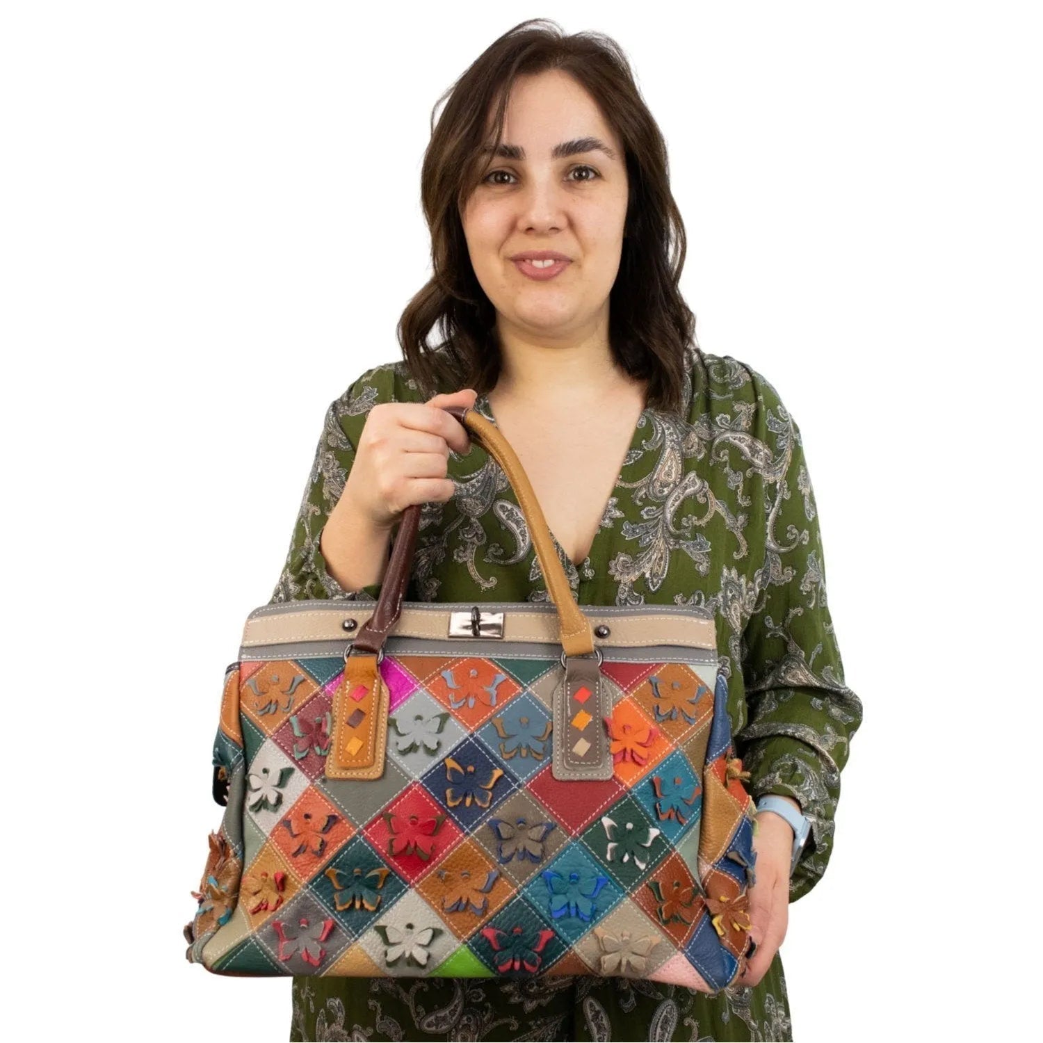 Bolso shopper con broche de Piel Pregato Mosaic Buterfly - KimondoShop