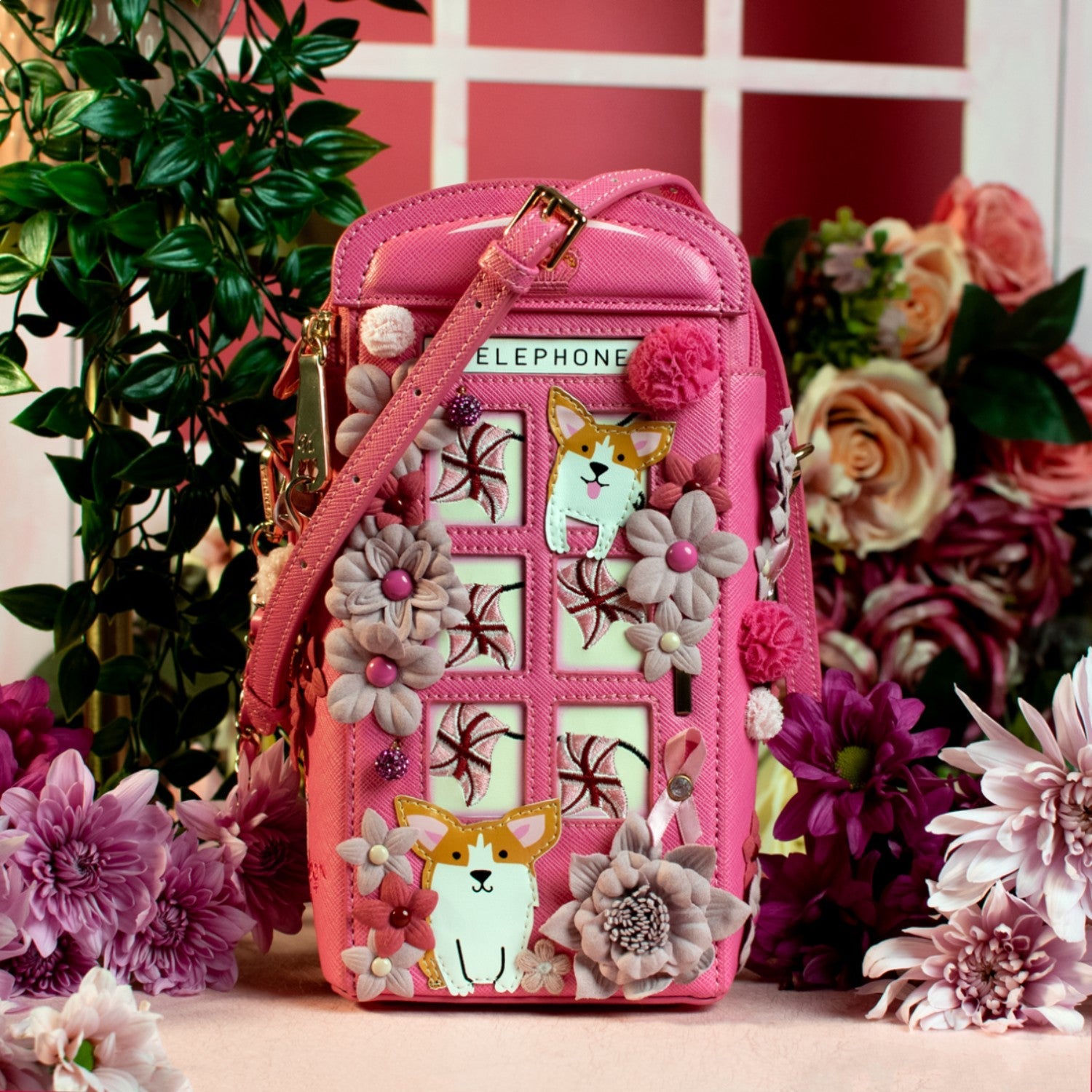 Bolso Telephone Box Vendula London Cats & Corgis Floral - Pink Ribbon Foundation - KimondoShop