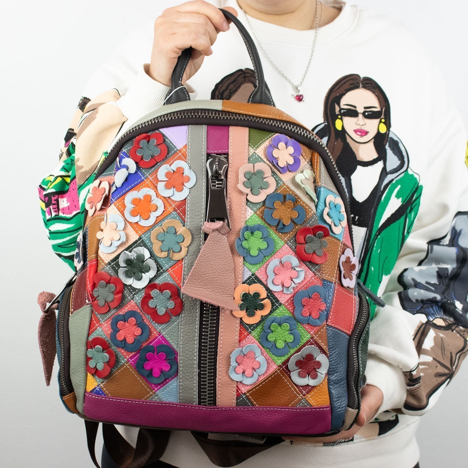 Mochila casual redonda de Piel Pregato Mosaic Flowers - KimondoShop