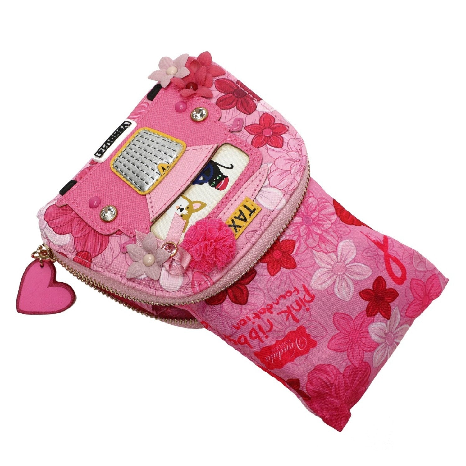 Monedero y bolsa plegable Vendula London Cats & Corgis Floral - Pink Ribbon Foundation - KimondoShop